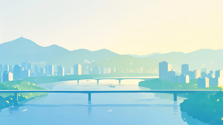 JPG 문화 컬러 여행 일러스트 자연 하늘 아침 산 서울 풍경 건물 물 빛 강 일출 도시 조화 선박 국내일러스트 AI일러스트 AI콘텐츠 주간 자연요소 건축물 수상교통 한국 노을 생태계 파일형식