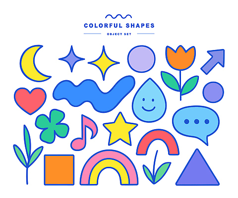 모양 도형 디자인 별 예술 컬러 무지개 일러스트 아이디어 튤립 물방울 하트 삼각형 클로버 크기 배열 즐거움 영감 창의성 국내일러스트 AI파일 자연요소 꽃 감정 컨셉 파일형식 벡터