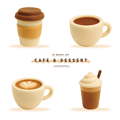 PSD 편집이미지 디자인 커피 아이스크림 디저트 컵 세트 갈색 모형 귀여움 카페 그림 양모 라떼 펠트 핸드메이드 편집3D 식기 음료 음식 컬러 컨셉 3D 상점 직물 파일형식 천_직물