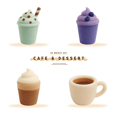 PSD 편집이미지 디자인 커피 음료 탁자 아이스크림 디저트 장식 모형 귀여움 보라색 카페 컵케이크 청록색 펠트 편집3D 음식 컬러 가구 컨셉 3D 케이크 상점 파일형식 천_직물