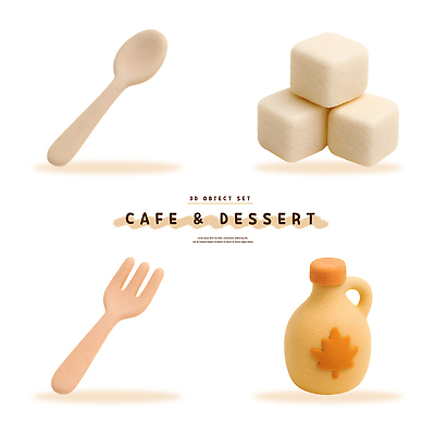 PSD 편집이미지 디자인 음식 포크 주방용품 디저트 세트 귀여움 숟가락 카페 설탕 오브젝트 제빵 시럽 펠트 편집3D 식기 생활용품 컨셉 수저 3D 제과제빵 상점 파일형식 천_직물