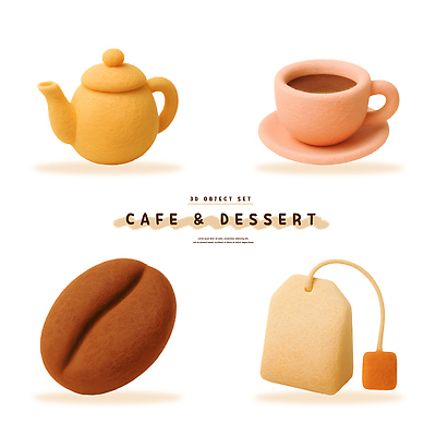 PSD 편집이미지 디자인 커피 예술 디저트 장식 귀여움 카페 원두 차 커피잔 찻주전자 수공예 티백 펠트 편집3D 음료 음식 컨셉 주전자 잔 차_음료 3D 상점 공예 파일형식 천_직물