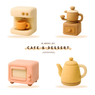 PSD 편집이미지 디자인 컬러 주전자 주방용품 디저트 인테리어 3D 모형 귀여움 카페 전자레인지 커피메이커 오브젝트 펠트 아기자기 편집3D 음식 생활용품 컨셉 상점 가전제품 레인지 디지털합성 커피용품 파일형식 천_직물
