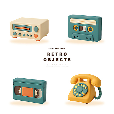 모양 PSD 편집이미지 디자인 예술 컬러 장식 전시 추억 전화기 라디오 복고 감성 비디오테이프 디지털아트 편집3D 컨셉 전자제품 3D 파일형식