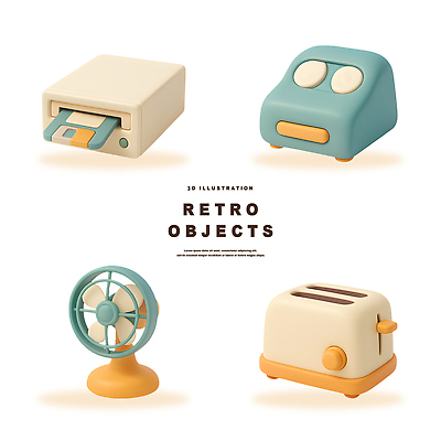 PSD 편집이미지 디자인 예술 컬러 장식 전자제품 빈티지 팬 플로피디스크 오브젝트 모던 복고 아날로그 토스트기 편집3D 컨셉 3D 가전제품 파일형식