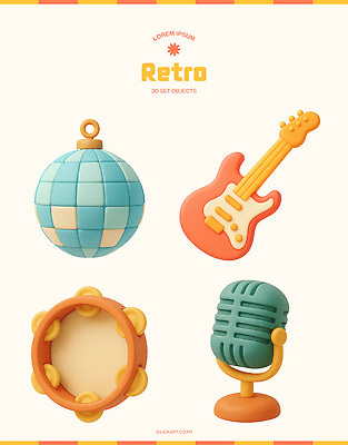 PSD 편집이미지 디자인 음악 컬러 타악기 그래픽 장식 3D 기타 마이크 오브젝트 복고 스타일 편집3D 악기 음향기기 현악기 문화예술 디지털합성 파일형식