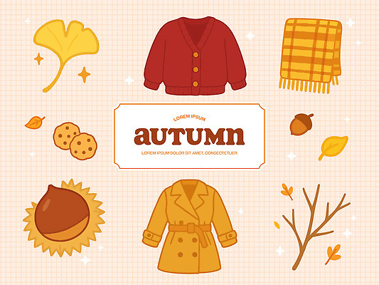 옷 계절 패션 컬러 일러스트 자연 나뭇잎 따뜻함 가을 분위기 추억 담요 스웨터 솜 호두 코디 아이템 손뜨개 스타일 아기자기 국내일러스트 AI파일 컨셉 상의 잎 견과류 생태계 파일형식 벡터
