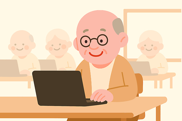 교육 할아버지 노년 일러스트 교실 모션 기술 웃음 친구 학습 컴퓨터 디지털 키보드 업무 연령 연습 세대 소통 자아 국내일러스트 AI파일 남자 컨셉 학교 관계 표정 성인 전자제품 작업 파일형식 벡터