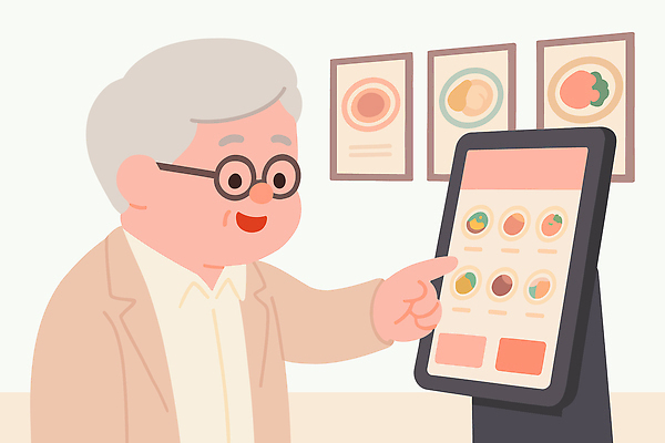 남자 음료 음식 일러스트 패스트푸드 기술 건강 디지털 스크린 식당 샐러드 선택 즐거움 메뉴 주문 편리함 인터페이스 키오스크 국내일러스트 AI파일 감정 컨셉 사람 상점 인스턴트 파일형식 벡터