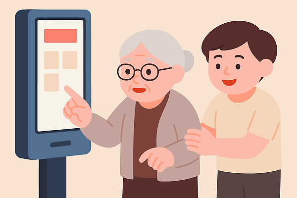 노년 어린이 일러스트 가족 관계 버튼 커뮤니케이션 기술 사랑 스마트기기 정보 도움 체험 가르침 지원 사용자 세대차이 상호작용 국내일러스트 AI파일 교육 감정 컨셉 사람 성인 전자제품 파일형식 벡터