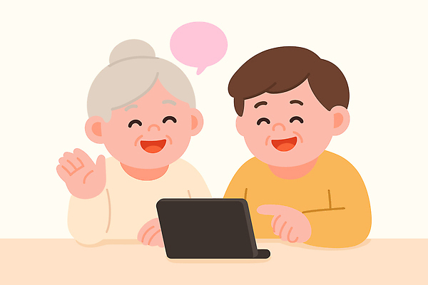 행복 할머니 일러스트 가족 관계 손자 휴식 기술 따뜻함 대화 사랑 웃음 태블릿 평화 정보 시간 즐거움 세대 소통 면담 국내일러스트 AI파일 여자 노년 남자 감정 컨셉 표정 말하기 전자제품 스마트기기 손주 파일형식 벡터