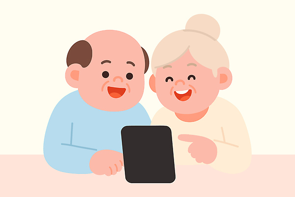 커플 노년 행복 일러스트 가족 모바일 기술 대화 사랑 웃음 취미 생활 친구 태블릿 정보 연령 즐거움 세대 소통 국내일러스트 AI파일 감정 컨셉 관계 표정 말하기 성인 전자제품 스마트기기 파일형식 벡터