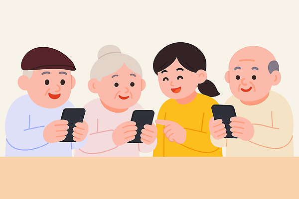 노년 일러스트 가족 관계 모션 청소년 커뮤니케이션 함께함 기술 대화 설명 미소 웃음 친구 스마트폰 학습 즐거움 소통 국내일러스트 AI파일 교육 감정 컨셉 표정 말하기 사람 성인 핸드폰 스마트기기 파일형식 벡터