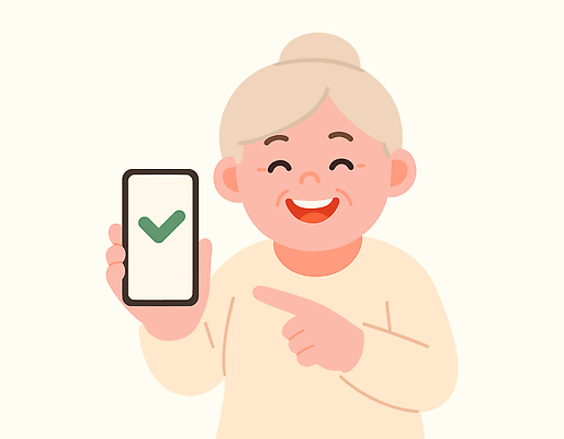 노년 행복 감정 할머니 중년 일러스트 기술 표정 웃음 스마트폰 디지털 체크표시 확인 온라인 소통 긍정적 응답 사용자 세대차이 강조 국내일러스트 AI파일 여자 컨셉 성인 핸드폰 스마트기기 파일형식 벡터