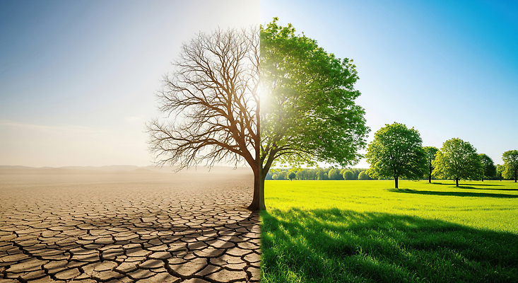 JPG 나무 편집이미지 지구 자연 생명 햇빛 환경 비교 변화 숲 생태계 가뭄 물부족 기후변화 이미지편집 AI컴퓨터그래픽 AI콘텐츠 식물 컨셉 날씨 태양 사회이슈 파일형식