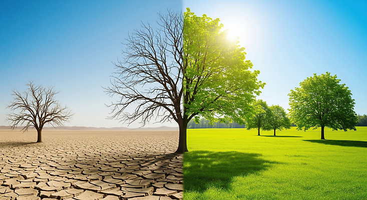 JPG 나무 편집이미지 지구 자연 생명 초원 햇빛 환경 비교 변화 생태계 가뭄 뷰티풀 풍요 이미지편집 AI컴퓨터그래픽 AI콘텐츠 식물 컨셉 날씨 태양 파일형식