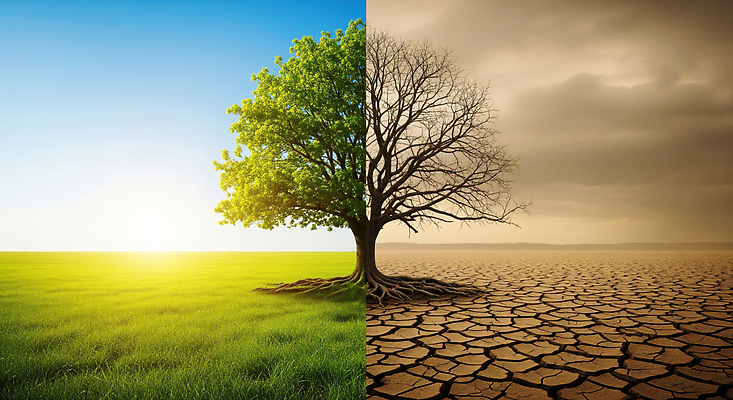 JPG 나무 편집이미지 자연 날씨 햇빛 환경 비교 변화 황폐 숲 생태계 가뭄 시들음 평원 이미지편집 AI컴퓨터그래픽 AI콘텐츠 식물 컨셉 태양 파일형식