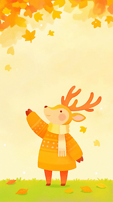 JPG 캐릭터 행복 컬러 백그라운드 일러스트 자연 사슴 나뭇잎 표정 손짓 노란색 귀여움 주황색 스카프 가을 포근함 스웨터 국내일러스트 AI일러스트 AI콘텐츠 계절 감정 컨셉 상의 잎 포유류 모션 목도리 감각 생태계 파일형식