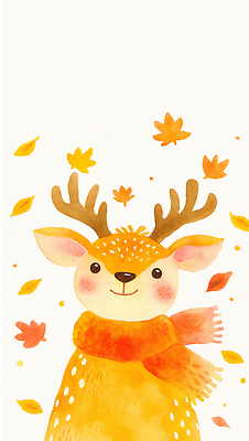 JPG 동물 계절 행복 감정 백그라운드 낙엽 일러스트 자연 사슴 따뜻함 미소 풍경 귀여움 스카프 가을 즐거움 그림 색감 생동감 국내일러스트 AI일러스트 AI콘텐츠 컨셉 잎 포유류 표정 목도리 생태계 파일형식