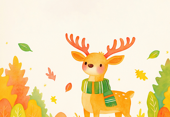 JPG 동물 캐릭터 단풍 일러스트 자연 사슴 나뭇잎 풍경 귀여움 목도리 가을 숲 포근함 편안함 그림 색감 국내일러스트 AI일러스트 AI콘텐츠 잡화 계절 컨셉 잎 포유류 감각 생태계 파일형식