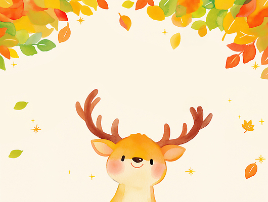 JPG 동물 행복 감정 컬러 백그라운드 단풍 잎 일러스트 자연 생명 사슴 따뜻함 이야기 미소 귀여움 가을 그림 상상력 국내일러스트 AI일러스트 AI콘텐츠 식물 계절 컨셉 포유류 표정 생태계 파일형식