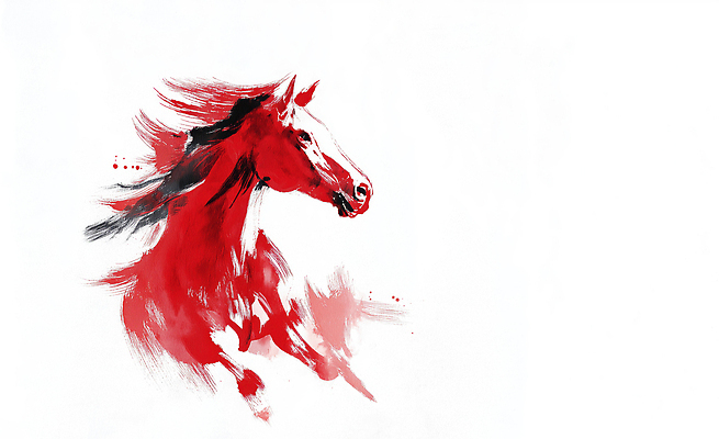 JPG 동물 디자인 예술 상징 컬러 일러스트 모션 수채화 미술 빨간색 자유 표현 말_게임 스케치 그림 드로잉 초상화 강렬 창의성 국내일러스트 병오년 붉은말 AI일러스트 AI콘텐츠 컨셉 문화예술 말_동물 파일형식 2026년