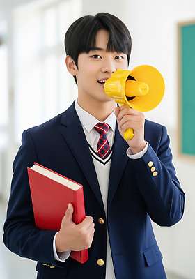 JPG 편집이미지 학생 교육 교복 남학생 교실 학교 모션 청소년 책 친구 확성기 발표 복도 의견 소통 의료성형뷰티 편집실사 AI인물포토 AI콘텐츠 옷 남자 컨셉 관계 사람 CG 파일형식 AI포토