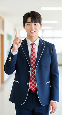 JPG 편집이미지 학생 교육 교복 남학생 손가락 교실 학교 청소년 밝음 미소 사람 깨끗함 자신감 복도 학원 의료성형뷰티 편집실사 AI인물포토 AI콘텐츠 손 옷 남자 감정 컨셉 표정 CG 파일형식 AI포토