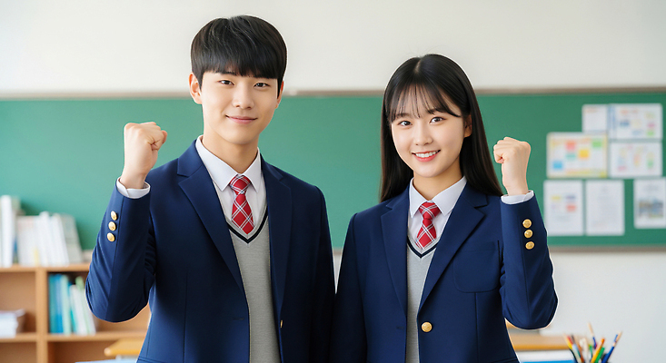 JPG 편집이미지 학생 여학생 교육 남학생 포즈 프로포즈 교실 학교 친구 학습 공책 칠판 주먹 자신감 목표 의료성형뷰티 편집실사 AI인물포토 AI콘텐츠 여자 남자 감정 컨셉 관계 모션 문구용품 CG 파일형식 AI포토