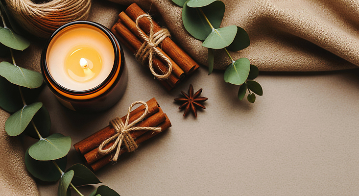 JPG 편집이미지 자연 탁자 실내 장식 분위기 편안함 오브젝트 향기 감성 향초 조화 시나몬 유칼립투스 편집실사 AI포토 AI콘텐츠 식물 가구 컨셉 초 내부 감각 CG 생태계 냄새 파일형식