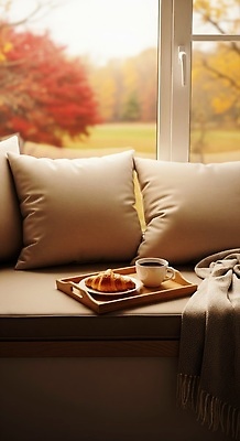 JPG 편집이미지 커피 아침 집안 휴식 디저트 따뜻함 풍경 소파 카페 가을 편안함 크루아상 창가 색감 편집실사 AI포토 AI콘텐츠 주간 계절 음료 음식 빵 컨셉 의자 창문 실내 상점 감각 CG 파일형식