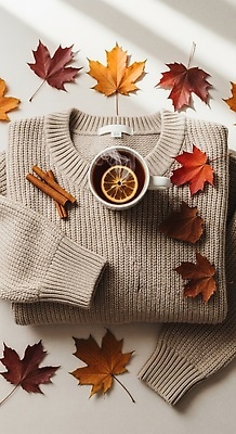 JPG 편집이미지 패션 음료 컬러 단풍 자연 따뜻함 인테리어 가을 분위기 편안함 스웨터 오브젝트 니트 시나몬 편집실사 AI포토 AI콘텐츠 디자인 계절 컨셉 상의 잎 감각 CG 생태계 파일형식