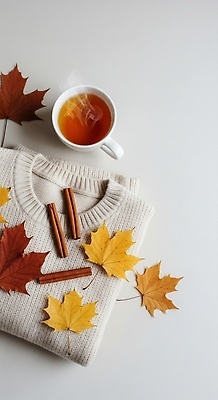 JPG 편집이미지 음료 컬러 단풍 자연 따뜻함 초록색 인테리어 금색 가을 차 편안함 스웨터 시나몬 편집실사 AI포토 AI콘텐츠 디자인 계절 상의 잎 감각 CG 생태계 파일형식