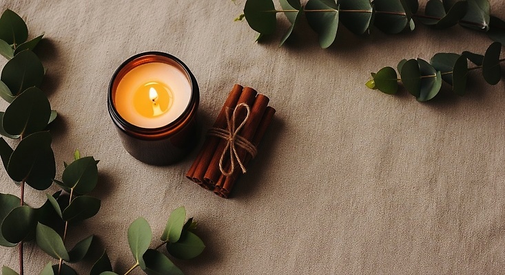 JPG 편집이미지 웰빙 자연 탁자 장식 인테리어 분위기 편안함 오브젝트 향기 아로마 향초 내추럴 시나몬 유칼립투스 편집실사 AI포토 AI콘텐츠 식물 디자인 가구 컨셉 초 감각 CG 생태계 냄새 파일형식