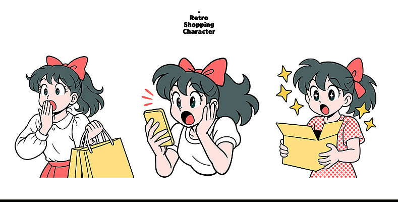 캐릭터 디자인 여자 감정 포즈 가방 일러스트 모션 표정 일상 스마트폰 쇼핑 상자 놀람 기쁨 복고 아이템 발견 일러캐릭터 AI파일 잡화 사람 라이프 핸드폰 스마트기기 파일형식 벡터