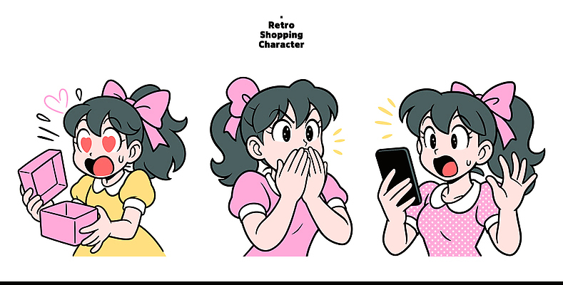 캐릭터 디자인 여자 행복 감정 포즈 일러스트 표정 스마트폰 쇼핑 상자 일본 놀람 기쁨 빈티지 복고 아이템 일러캐릭터 AI파일 아시아 컨셉 사람 핸드폰 스마트기기 파일형식 벡터