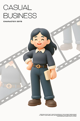 PSD 편집이미지 캐릭터 디자인 옷 포즈 백그라운드 비즈니스 스튜디오 조명 미소 캐주얼 분위기 편안함 스타일 편집3D 컨셉 표정 3D 감각 파일형식