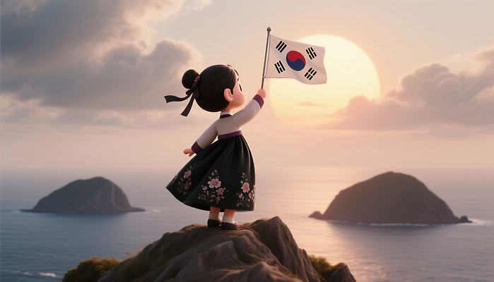 JPG 편집이미지 전통 기념일 어린이 섬 자연 한국 풍경 희망 일몰 바위 태극기 한복 독도 애국심 뷰티풀 독도의날 편집3D AI컴퓨터그래픽 AI콘텐츠 한국전통 감정 아시아 사람 이벤트 3D 노을 돌_바위 국기 전통의상 생태계 파일형식 법정기념일