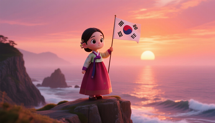JPG 편집이미지 캐릭터 전통 문화 바다 한국 풍경 일몰 절벽 국기 태극기 한복 조화 독도 뷰티풀 독도의날 편집3D AI컴퓨터그래픽 AI콘텐츠 한국전통 아시아 섬 3D 노을 전통의상 파일형식 법정기념일