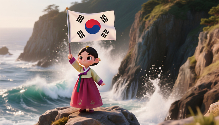 JPG 편집이미지 캐릭터 디자인 문화 파도 바다 컬러 한국 풍경 축제 바위 국기 태극기 전통의상 독도 자부심 독도의날 편집3D AI컴퓨터그래픽 AI콘텐츠 전통 아시아 섬 3D 돌_바위 파일형식 법정기념일