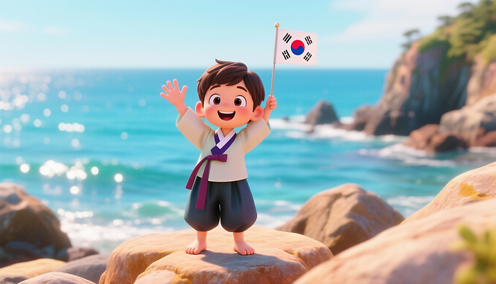 JPG 편집이미지 전통 어린이 바다 한국 풍경 해변 기쁨 바위 국기 태극기 한복 즐거움 독도 손흔들기 독도의날 편집3D AI컴퓨터그래픽 AI콘텐츠 한국전통 감정 아시아 섬 모션 사람 3D 돌_바위 전통의상 파일형식 법정기념일