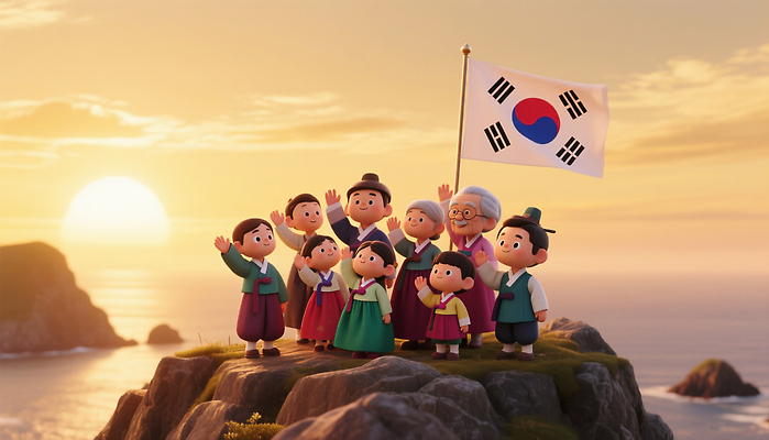 JPG 편집이미지 전통 옷 기념일 노년 행복 문화 가족 한국 풍경 해변 일출 축제 태극기 독도 독도의날 편집3D AI컴퓨터그래픽 AI콘텐츠 감정 아시아 바다 섬 관계 이벤트 성인 3D 노을 국기 파일형식 법정기념일