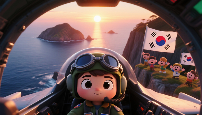 JPG 편집이미지 어린이 바다 섬 응원 하늘 비행기 한국 일몰 비행 국기 태극기 파일럿 독도 운전석 독도의날 경관 편집3D AI컴퓨터그래픽 AI콘텐츠 직업 아시아 항공교통 대중교통 사람 풍경 3D 노을 파일형식 법정기념일