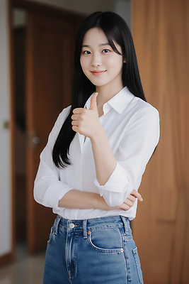 JPG 편집이미지 여자 패션 포즈 실내 미소 사람 엄지손가락 청바지 자신감 분위기 의료성형뷰티 스타일 편집실사 AI인물포토 AI콘텐츠 감정 컨셉 바지 손가락 표정 내부 CG 파일형식 AI포토