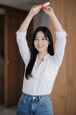 JPG 편집이미지 여자 행복 졸업 학교 성공 기념 실내 웃음 이벤트 기쁨 청바지 축하 증서 의료성형뷰티 편집실사 AI인물포토 AI콘텐츠 교육 감정 컨셉 바지 표정 사람 내부 CG 파일형식 AI포토