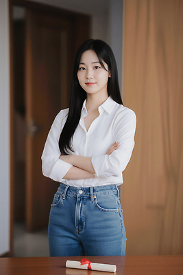 JPG 모델 편집이미지 여자 패션 포즈 백그라운드 실내 표정 미소 빛 팔짱 청바지 자신감 고급 의료성형뷰티 스타일 편집실사 AI인물포토 AI콘텐츠 감정 컨셉 바지 모션 사람 내부 CG 파일형식 AI포토