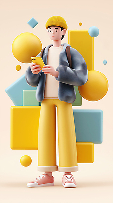 JPG 도형 모델 편집이미지 디자인 남자 백그라운드 그래픽 캐주얼 파란색 스마트폰 노란색 기하학 소통 스타일 편집3D AI컴퓨터그래픽 AI콘텐츠 옷 컬러 컨셉 무늬 사람 핸드폰 스마트기기 3D 파일형식