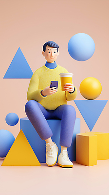JPG 편집이미지 캐릭터 디자인 남자 여유 커피 예술 컬러 백그라운드 초 파란색 스마트폰 노란색 편안함 오브젝트 편집3D AI컴퓨터그래픽 AI콘텐츠 감정 음료 사람 핸드폰 스마트기기 3D 감각 파일형식