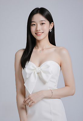 JPG 모델 편집이미지 드레스 패션 리본 포즈 백그라운드 미소 청춘 카메라 촬영 흰색 우아함 부드러움 뷰티풀 의료성형뷰티 스타일 편집실사 AI인물포토 AI콘텐츠 옷 컬러 컨셉 표정 전자제품 감각 CG 파일형식 AI포토