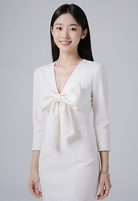 JPG 모델 편집이미지 원피스 패션 리본 포즈 스튜디오 조명 미소 카메라 촬영 흰색 긴소매 뷰티풀 의료성형뷰티 스타일 편집실사 AI인물포토 AI콘텐츠 옷 컬러 표정 전자제품 CG 파일형식 AI포토